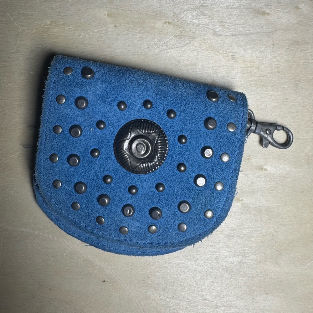 FREE PEOPLE Blue Suede Studded Coin Pouch Key Clip